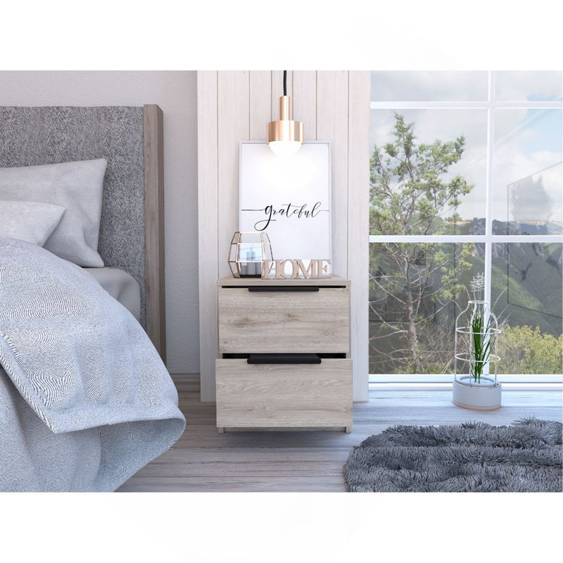 Table de chevet moderne H 19 po, deux tiroirs, gris clair, Gris