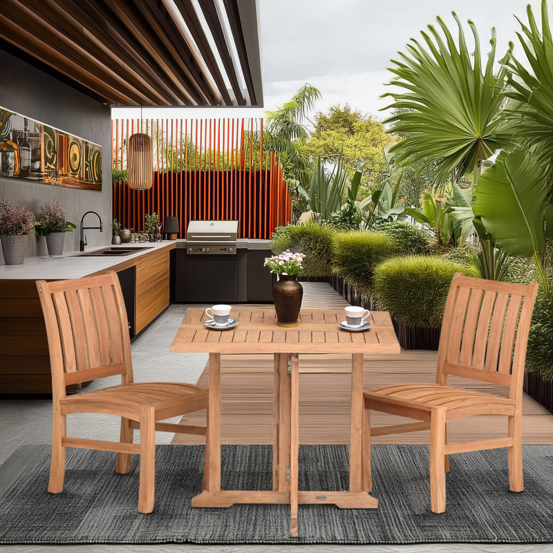 3 Piece Teak Wood Dining Set Including 35" Square Hatteras Folding Table With 2 Abacho Side Chairs