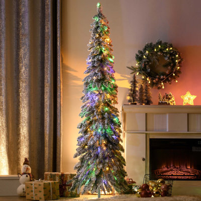 Prelit Pencil Artificial Christmas Tree With Snow Flocked Branches & 100 Warm White Or Colorful LED Lights