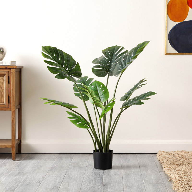 43'' Green Faux Monstera Tree in Black Cement Pot