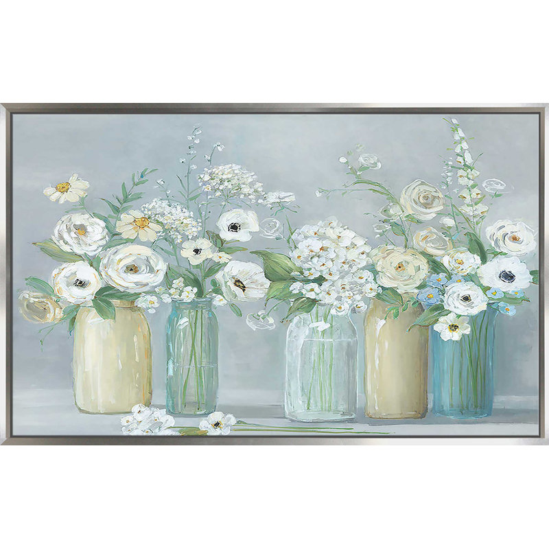 Blooming Meadow Beauties par Sally Swatland - Peinture, Cadre flottant argent, H 39,5 po x l 63,5 po x P 2 po