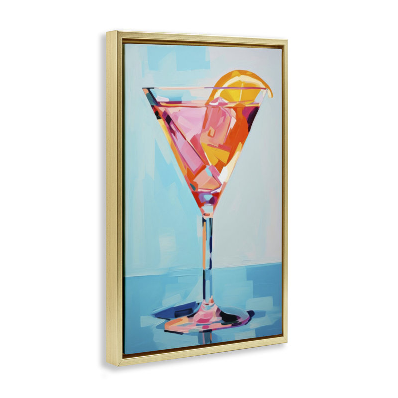  Toile Martini bleue et rose par LSR Design Studio, H 25 po x l 17 po, Cadre flottant métallique doré