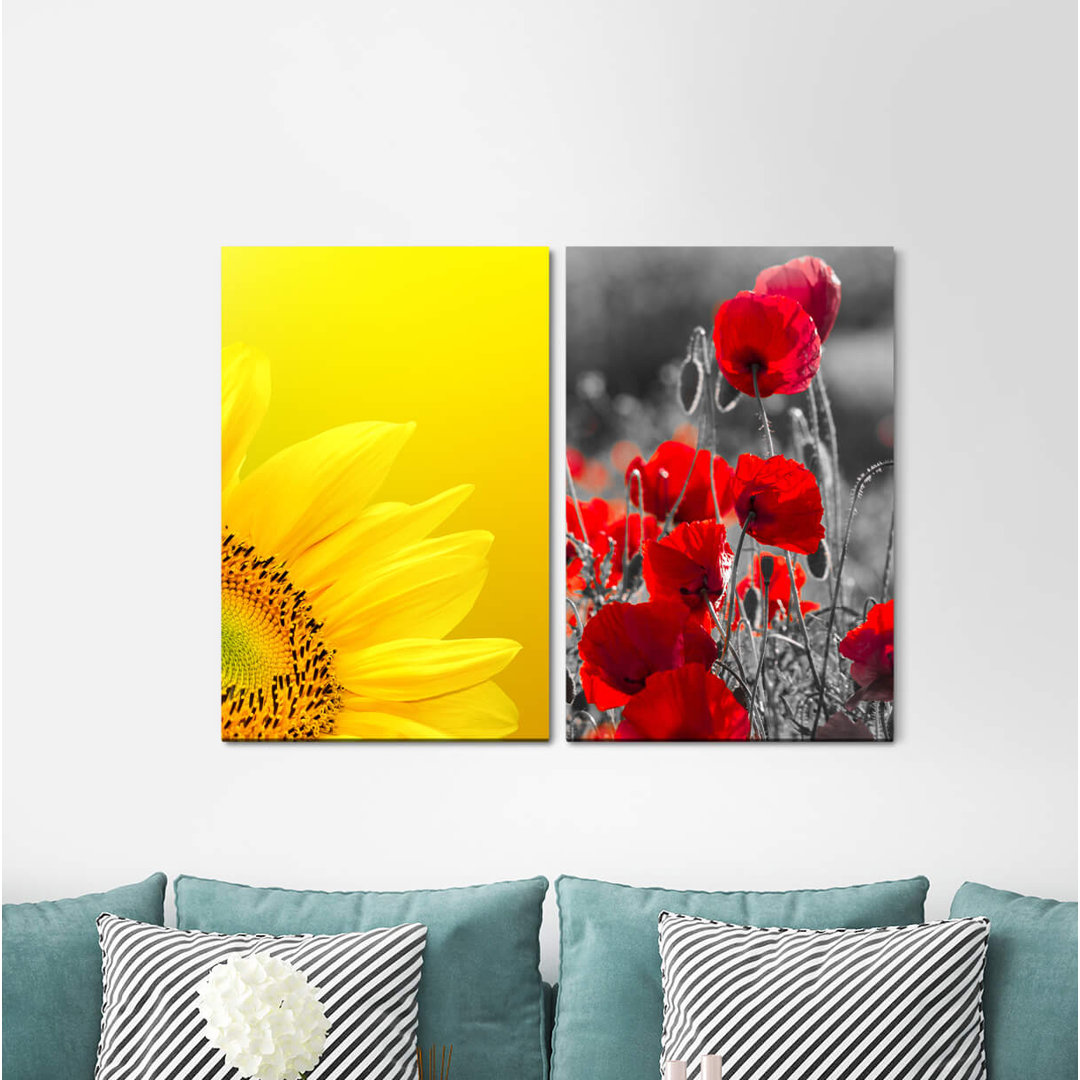 2-tlg. Leinwandbilder-Set - Fotografie „Sunflower Yellow Poppy Flower Blossoms Summer”