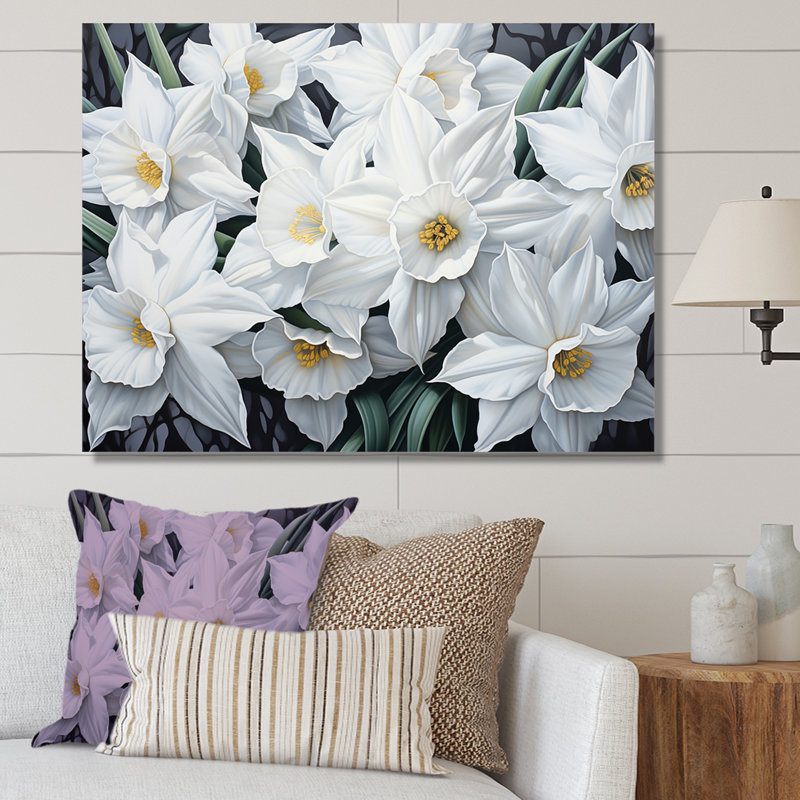 Minimalisme, jonquilles blanches I sur toile, H 24 po x l 32 po x P 1 po, Toile tendue