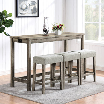 Table de bar et chaises avec prise de courant, salle à manger 4 pièces pour la vie, salle à manger, salles de jeux - tabourets peu encombrants, tissu doux et confortable, bois massif