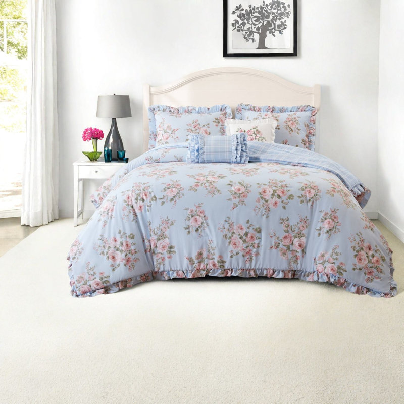 Ensemble de literie King, en microfibre à fleurs bleues, style chalet