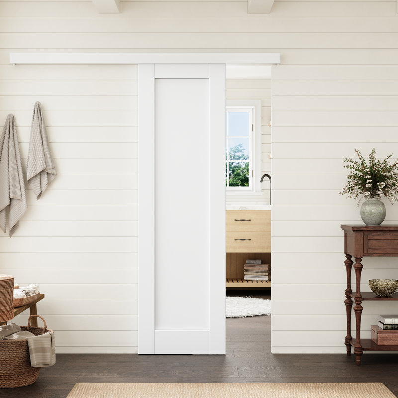 24" x 80" Interior 1 Panel Solid Core Primed Prefinished Standard Slab Door With Hiden Track Hardware Kit, 24" x 80"