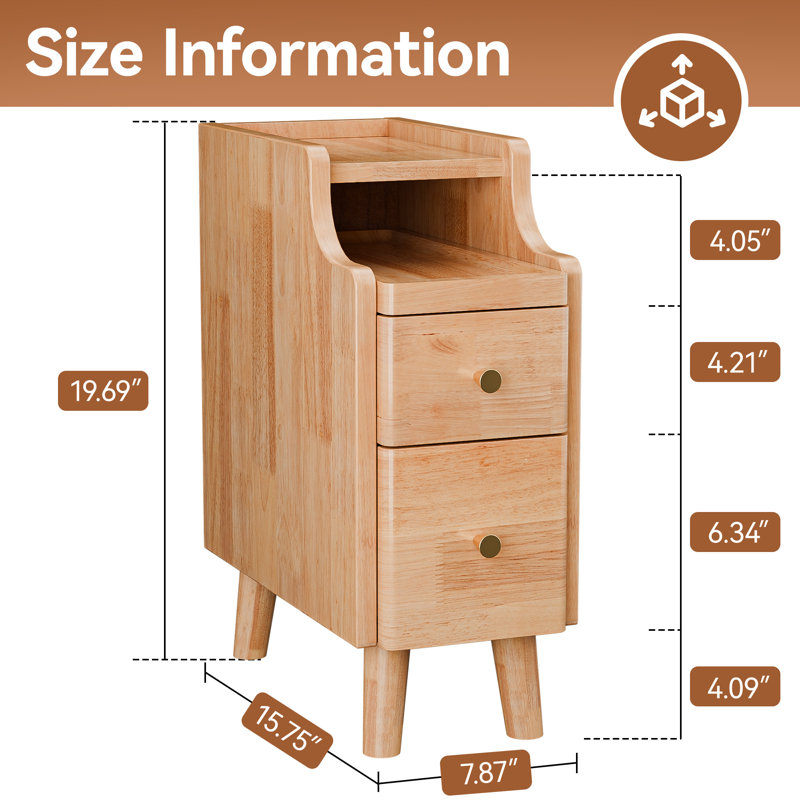 Narrow Nightstand with Drawers, Pre-Assembled Solid Wood Small Skinny Night Stand with Open Sliding Shelf, Oak, Set of 2