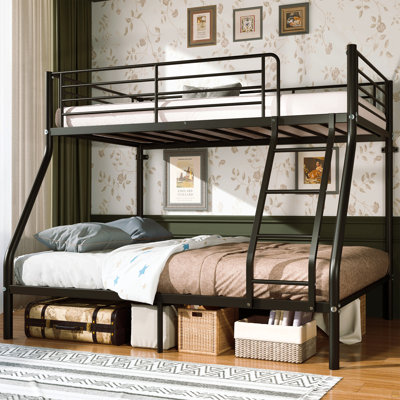 Metal Twin Over Full Size Bunk Bed for Adults & Kids,Twin Over Full Bunk Beds, 650+750Ibs Capacity,Bunkbeds with Length Guardrail and Ladder, No Box Spring Needed,Space Saving,Black