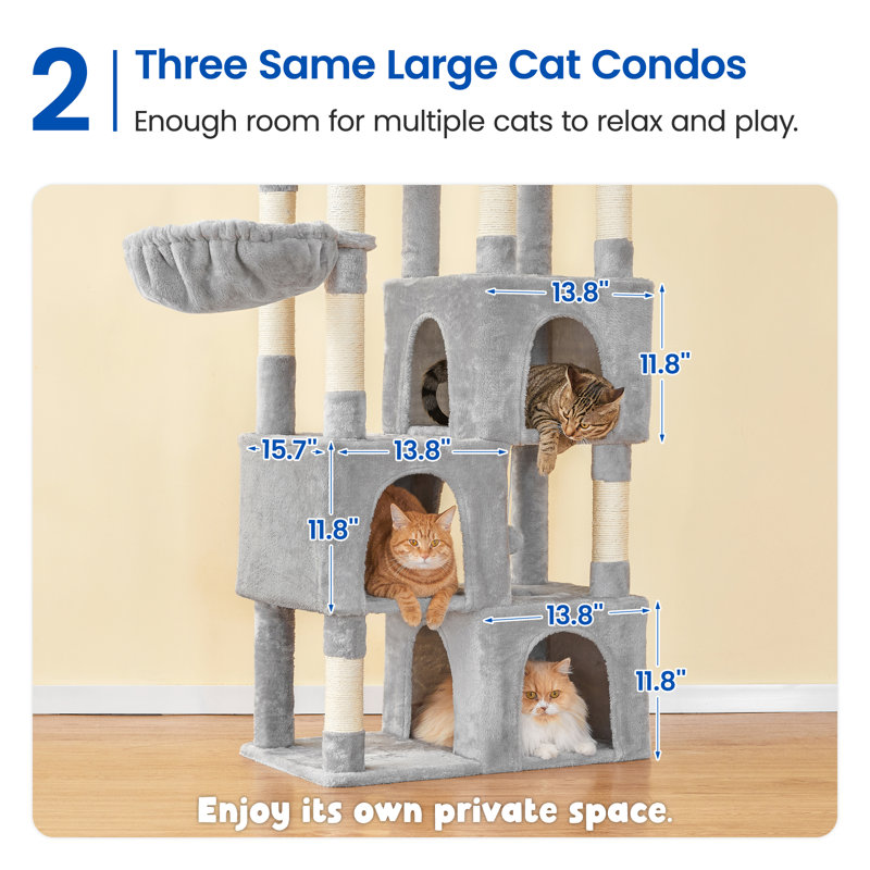 Grand arbre à chat 63 po pour chats d'intérieur, Gris clair