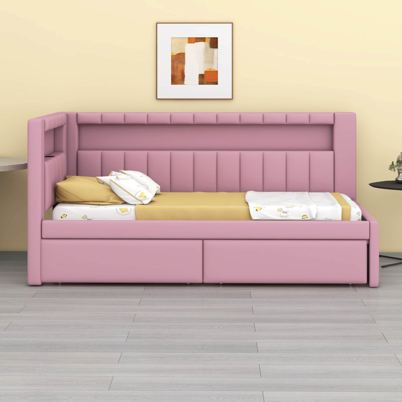 Structure de lit de jour (taille simple) avec 2 tiroirs - tête de lit, ports USB, ceinture à DEL (aucun sommier requis), Rose