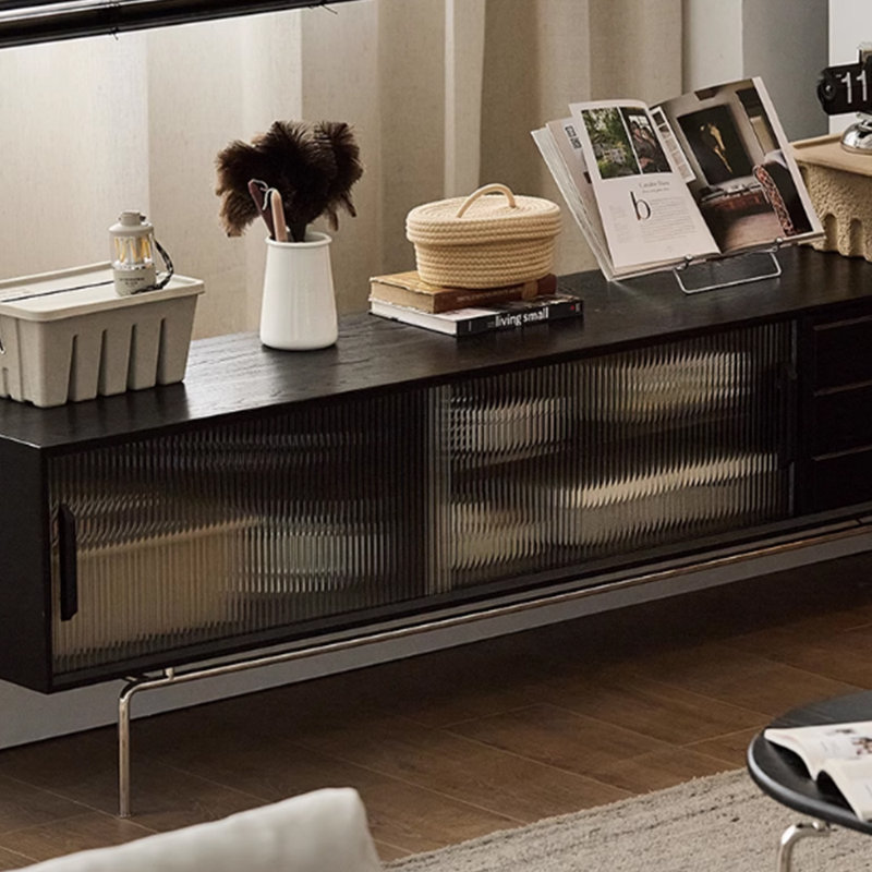 Meuble télé en bois massif de style minimaliste noir, 82.67"