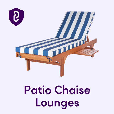 Wooden chaise lounge with blue and white striped cushion and side tray
