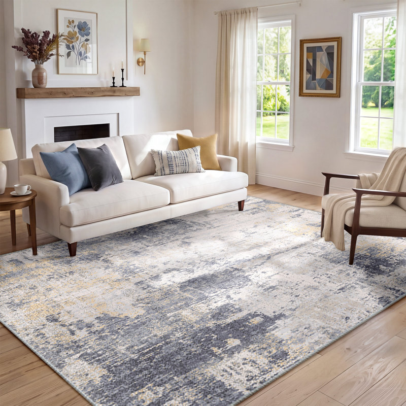 Modern Abstract Printed Area Rug Non-Slip Machine Washable Low Pile for Living Room Bedroom, Gray/Yellow, Rectangle 6' x 9'