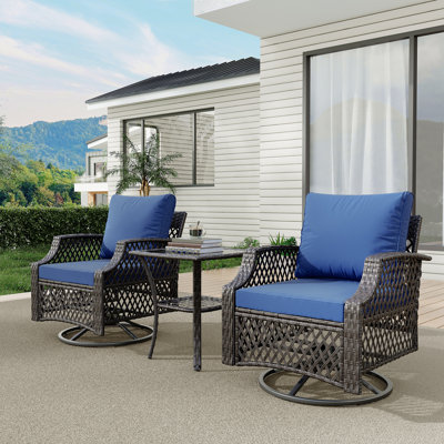 3 Piece Outdoor Swivel Chair Set, Wicker Patio Bistro Set With Thickened 25D Cushions And Glass Coffee Table