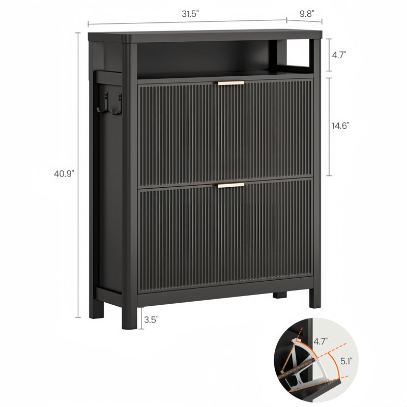 16 Pair Shoe Storage Cabinet with 2 Flip Drawers Open Cubby and Adjustable Shelves & Side Hooks Entryway, Black