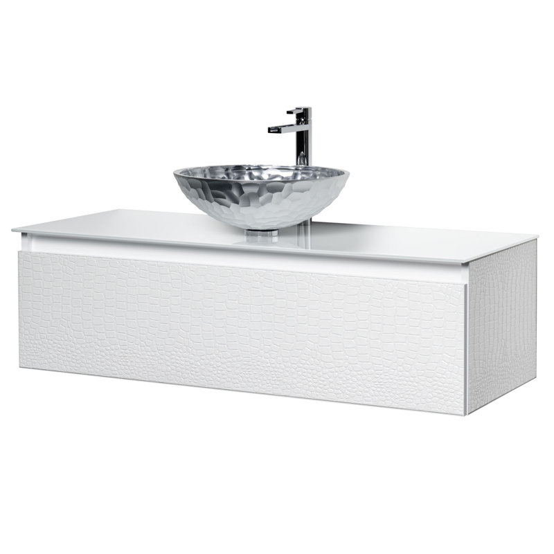 Meuble-lavabo simple avec comptoir, Crocodile blanc, 47", Verre trempé blanc