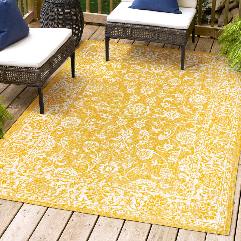 Delcine Bohemian Textured Weave Floral Yellow/Cream Indoor/Outdoor Rug, Rectangle 7'9" x 10'