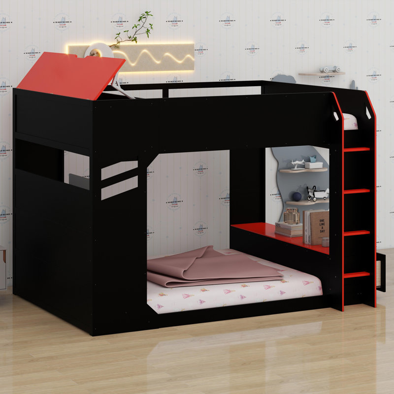 Lit mezzanine avec bureau à hauteur réglable, Rouge