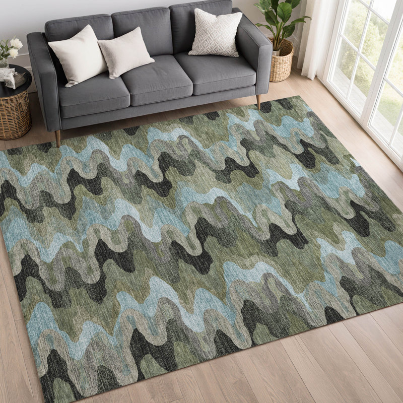 Tapis abstrait lavable à la machine intérieur / extérieur ACN2481, Basilic, 5 pi x 7 pi 6 po