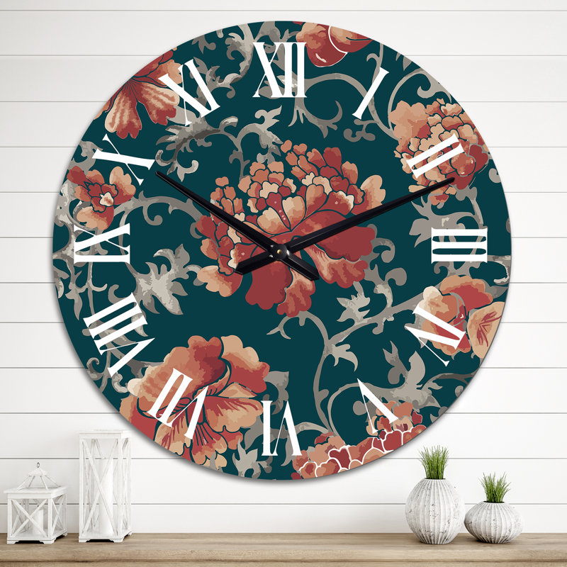 Horloge murale à motif de fleurs rouges chinoises sur fond vert foncé, Grand