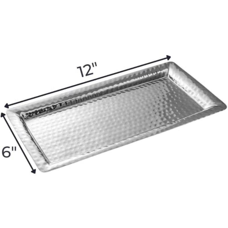 Hand Hammered Metal Decorative Vanity Serving Tray, 12" W x 6" D x 1.75" H, Nickel