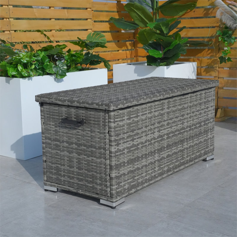 Large Outdoor Wicker Storage Box – Frame, Waterproof Liner, Dual Gas Lifts, 22" H x 48" W x 22" D, Gray