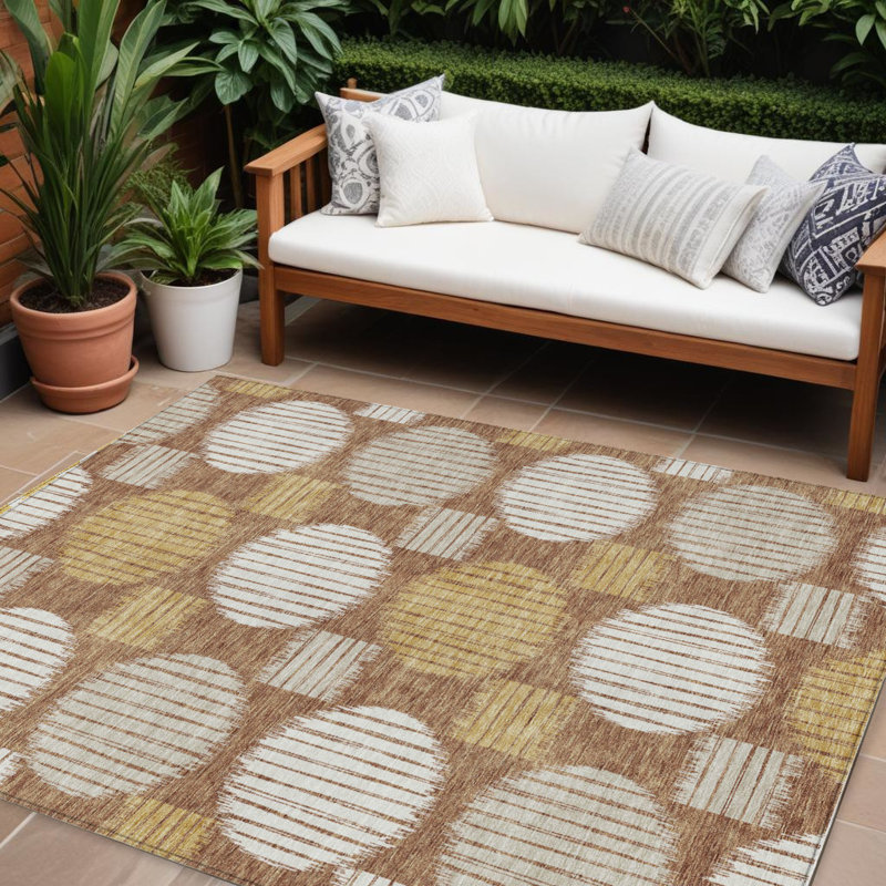 Tapis extérieur lavable à motif géométrique beige et ivoire 10 pi x 14 pi