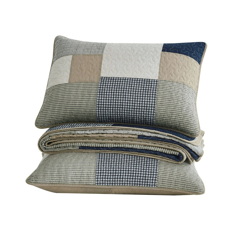 Oversized King Gray and Beige Cotton Patchwork Quilt Set