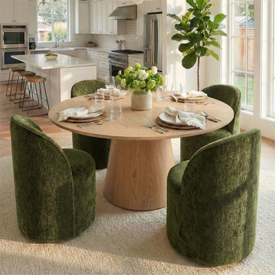 4 - Person Dining Table Sets With 52'' Solid Round Table & 4 Upholstered Chenille Swivel Chairs