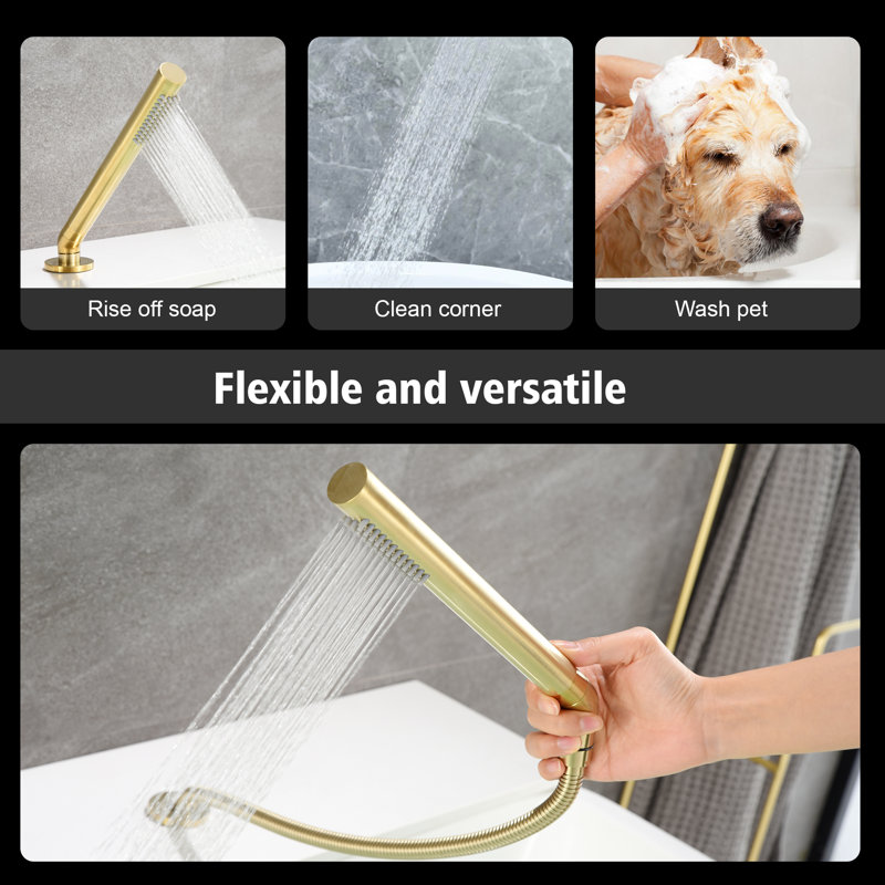 SUMERAIN Brushed Gold Bathroom Tub Filler Faucet with High Flow Waterfall Spout, Modern Style Bathtub Faucet with Hand Shower, 3 Holes