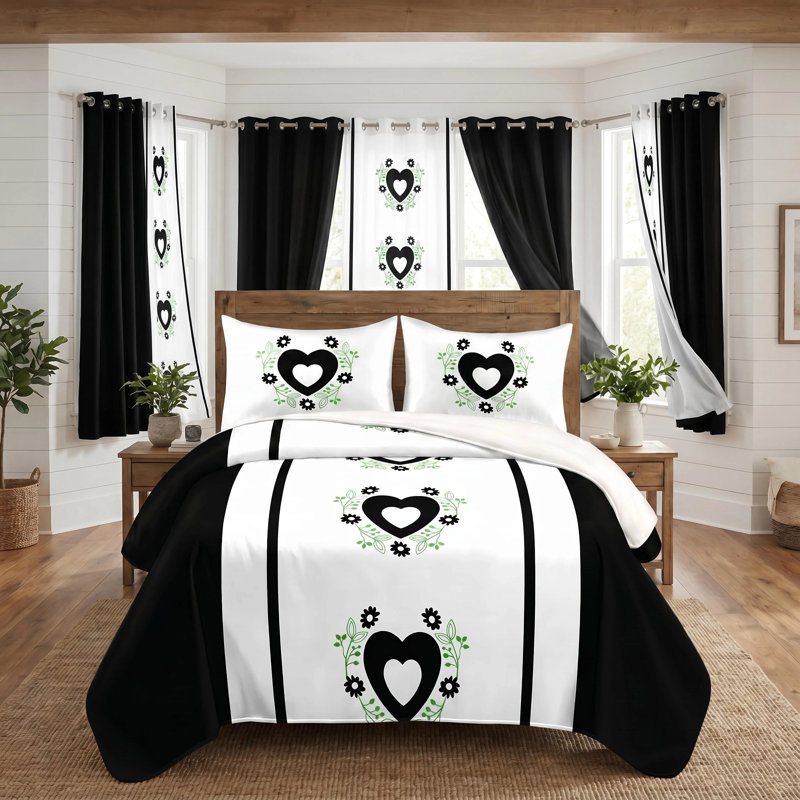 Bedding and Curtain 9-Piece Combo Set, Embroidered Quilted Bedspread with 6 Matching Window Panels & 2 Pillow Shams, Microfiber Lightweight Coverlet, Pet Friendly & Wrinkle Free