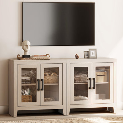 Farmhouse TV Stand For Tvs Up To 65”, Rustic Wood Entertainment Center With Adjustable Shelf, Glass Doors & Storage, Media Console Cabinet For Living-Room, Bedroom, Beige