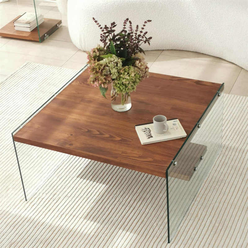 Table basse moderne, plateau 100% verre trempé avec cadre 100% bois de pin massif, 29,5 po x 15,7 po x 29,5 po | Couleur brune naturelle, design élégant et durable | Parfait pour le salon et les espaces contemporains