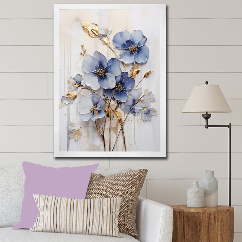 Bleu et or Exquisit Violets IV, H 44 po x l 34 po x P 1,5 po, Cadre simple blanc