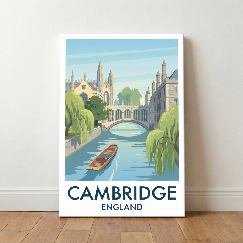 Cambridge, England - Romantic Travel Poster Of The River Cam And Historic Colleges. Giclée Print On Wrapped Canvas. Wall Art, Home Decor - Cities & Towns, England - Wrapped Canvas Print