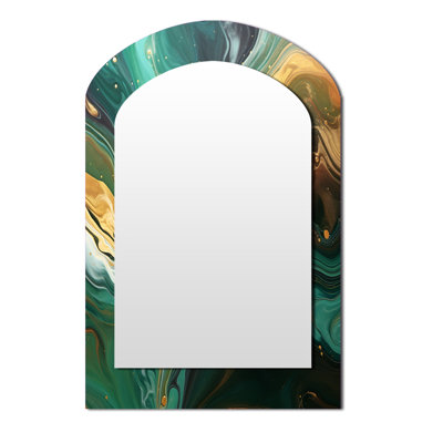 Abstract green and gold Marble river IV - Marble Asymmetrical Decorative Wall Mirror, Modern Arch Mirror, Printed Metal Art