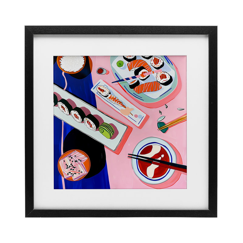 Vibrant Sushi Me Platter Framed Print Under Glass, design by Walker Noble, 13" H x 13" W, Midnight Black Frame