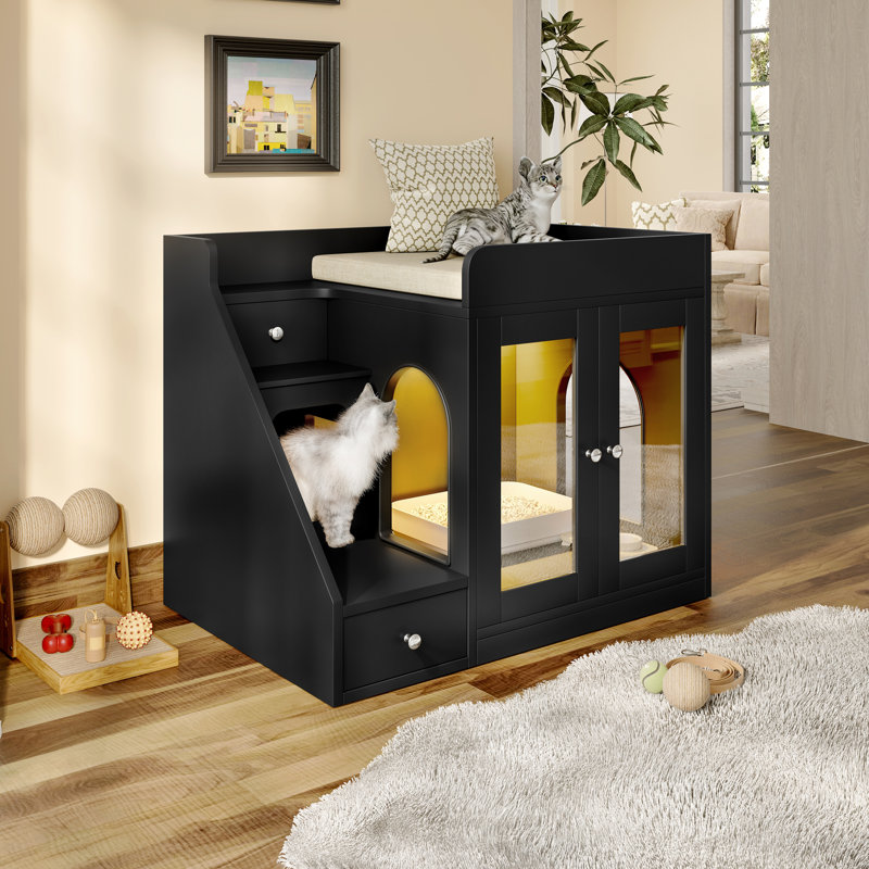 Enceinte de litière pour chat avec lumière, meuble de litière caché avec 2 tiroirs de rangement, table d'appoint pour chat pour le salon