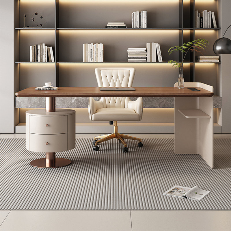 Bureau d'écriture minimaliste en noyer, table de bureau simple et moderne avec tiroir rond, 29.53" H x 55.12" W x 27.56" D