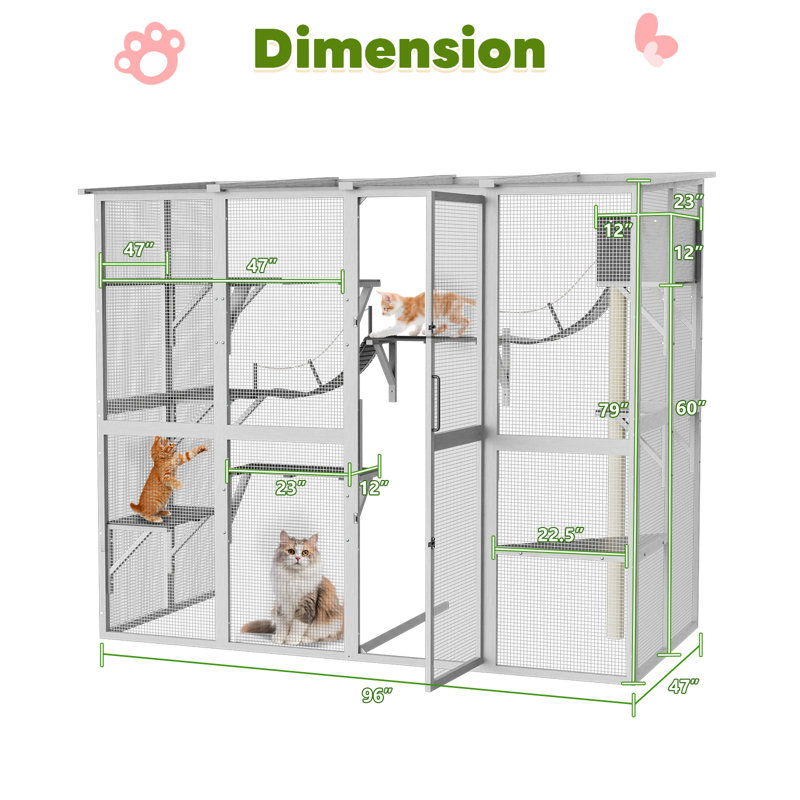 Enceinte d'extérieur pour chat Catio, grande maison de chat avec ponts, plateformes et petite maison, Blanc