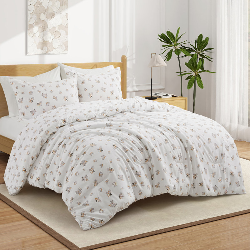 Ensemble d'édredon en duvet synthétique toutes saisons, Édredon très grand + 2 taies décoratives très , Floral blanc