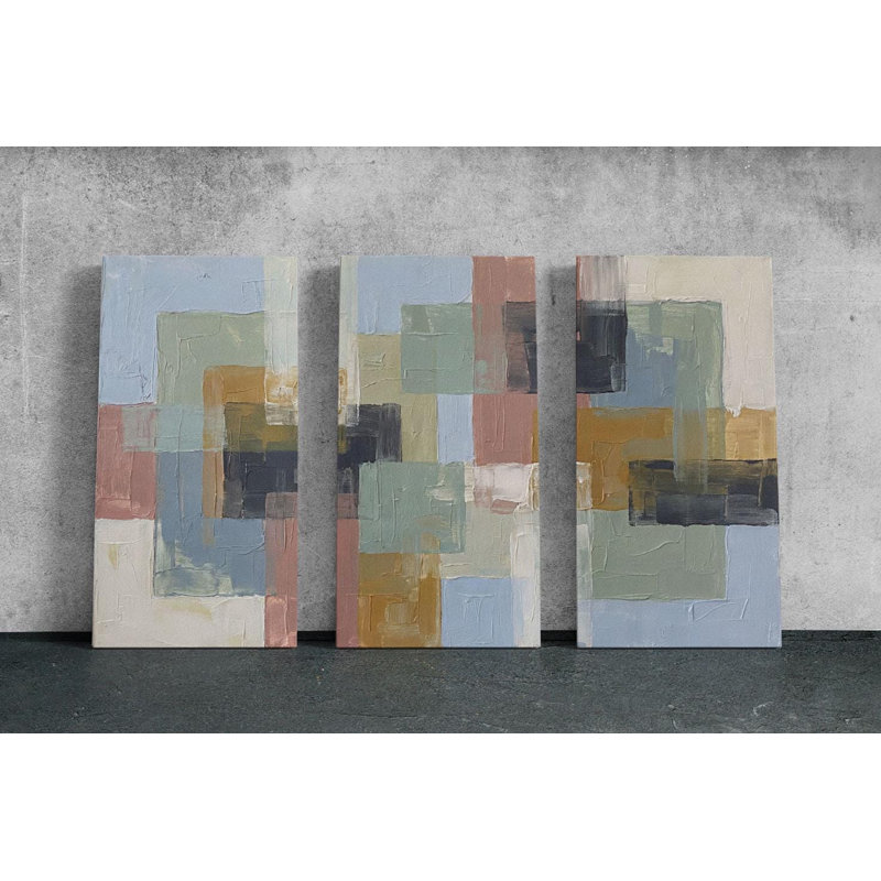Reproduction d'art abstrait géométrique sur toile - triptyque sur toile, motif carré moderne, grande peinture de bureau 3 pièces, tons terreux minimalistes, reproduction de peinture