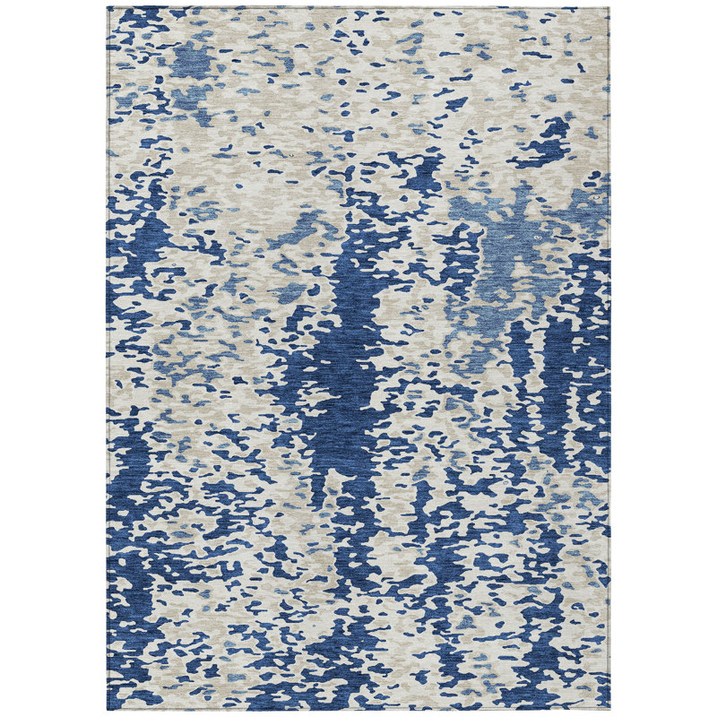 Tapis extérieur lavable abstrait bleu marine et ivoire 5 pi x 8 pi