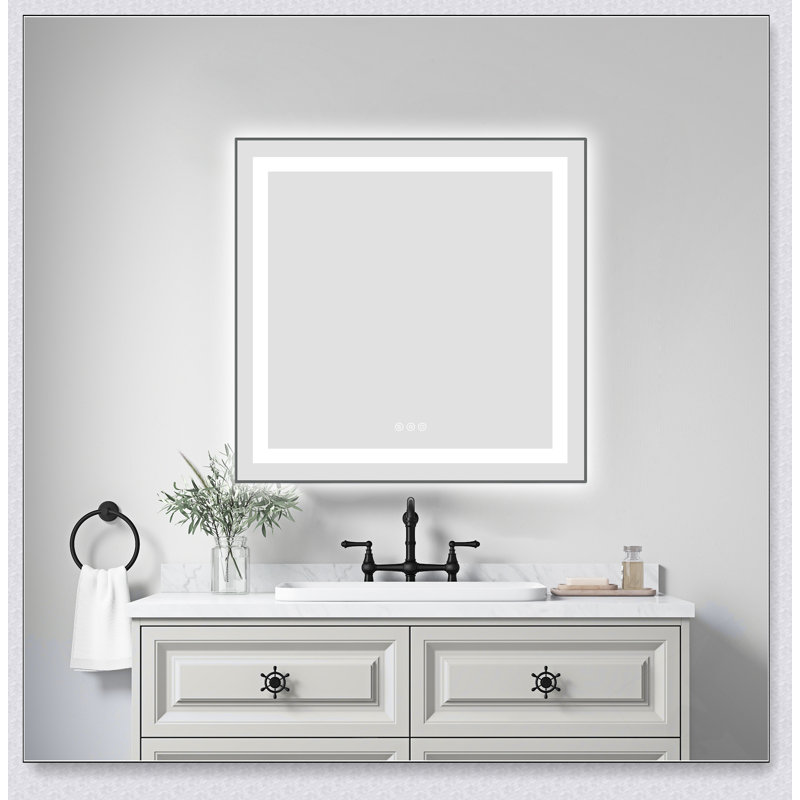 Miroir de salle de bain DEL, Verticale, Gris, 30 po x 30 po