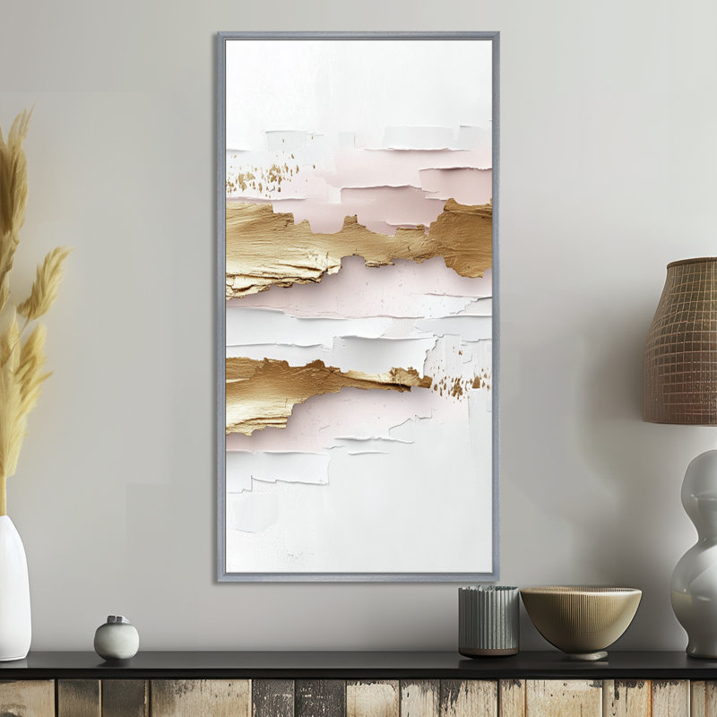 Or rose rosé Horizon lignes I - estampes abstraites encadrées, décoration murale moderne, H 32 po x l 16 po