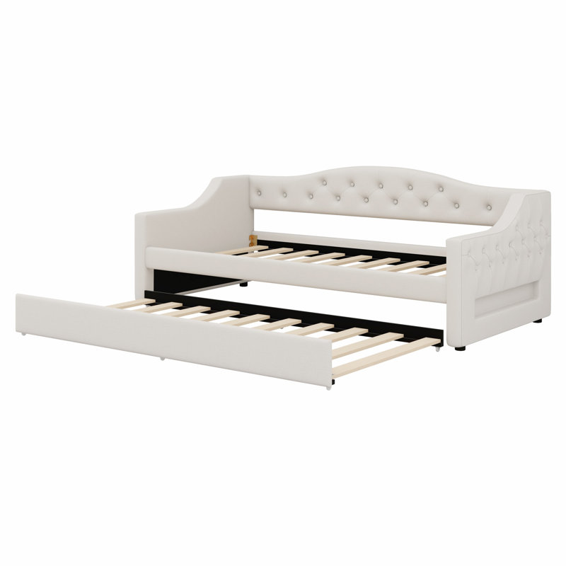 Upholstered Daybed With LED Belt And Trundle, Beige