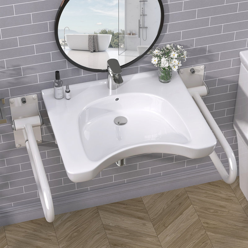 25.5" W X 21.75" D ADA Compliant Ceramic Bathroom Sink U-Shape Wall-Mounted White Sink Wall Hung Accessible Vessel Sink with Integrated Overflow & Single Pre-Drilled Faucet Hole
