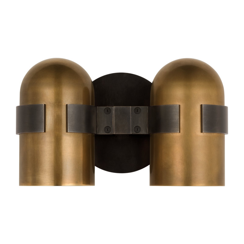 Avroko Octavia 2-light medium wall sconce in blackened bronze finish and bright worn brass shades