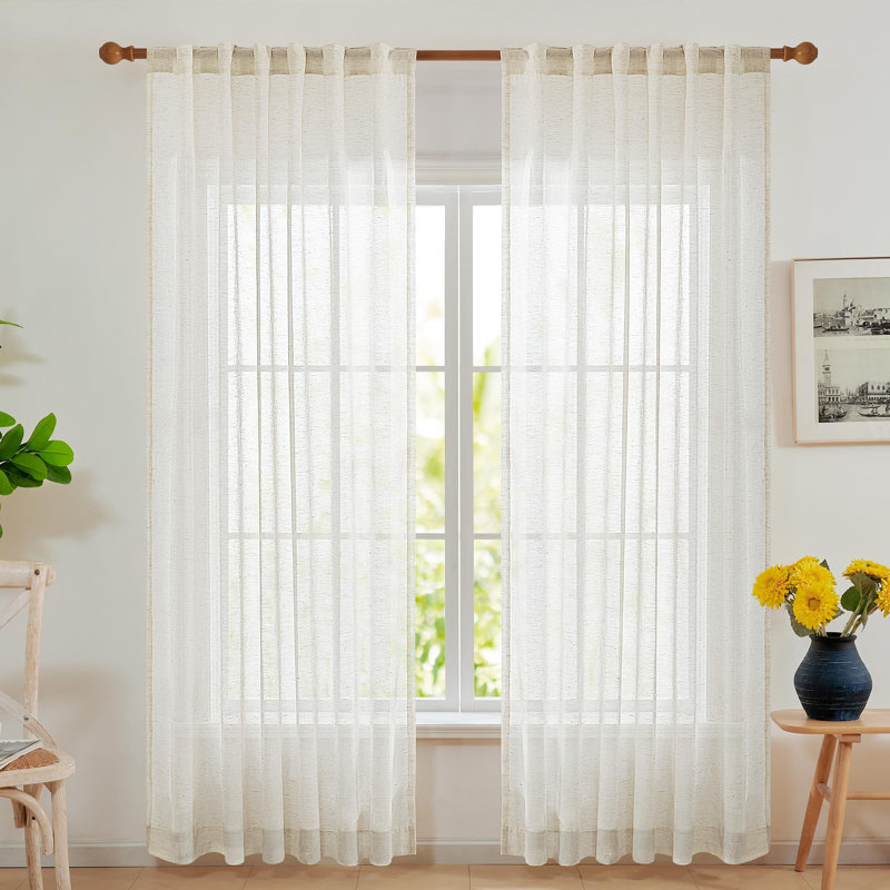 Light Filtering Back Tab Semi Sheer Linen Curtains, Semi Transparent Balance Privacy Drapes for Living Room and Bedroom (Set of 2)